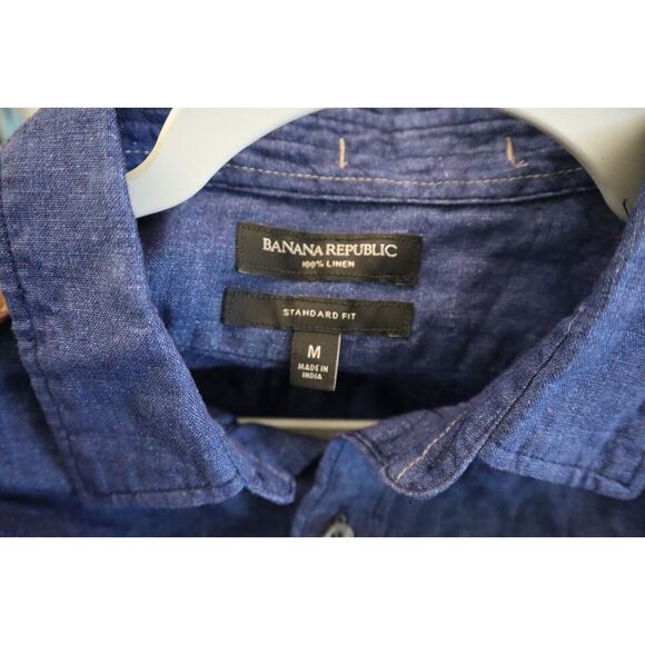 Banana Republic Men's Sz M Navy Blue Standard-Fit Button Down Linen Shirt $85 - Picture 4 of 15